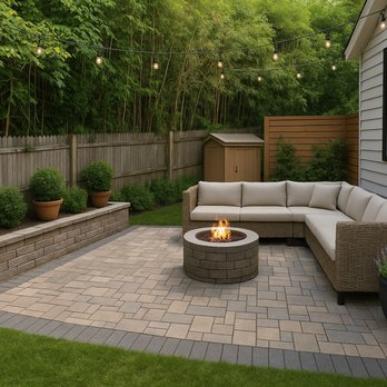 Completed paver patio with fire pit and outdoor seating